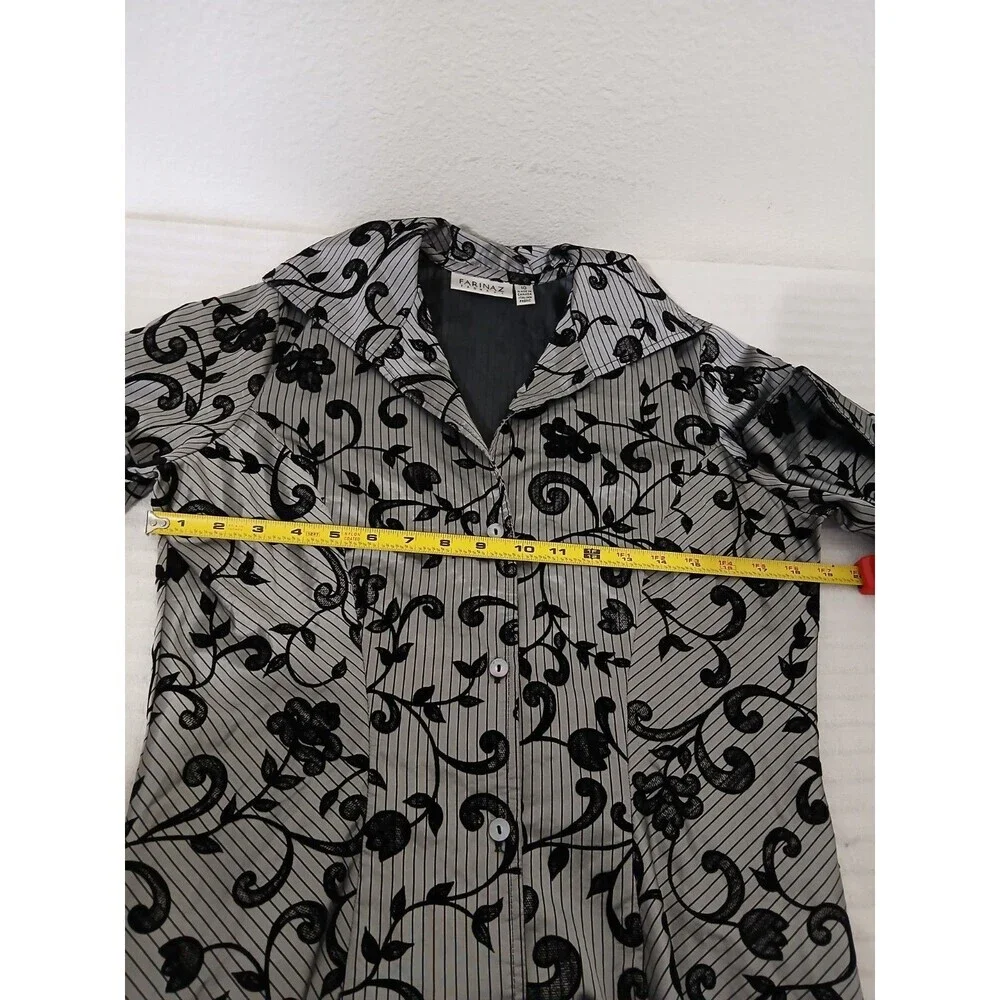 Farina Z Taghavi Blouse Shirt Gray Black Floral 10 Long Sleeve Button Office